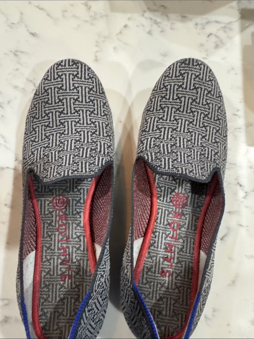 Rothy's Gray Patterned Slip-On Flats with Red Trim